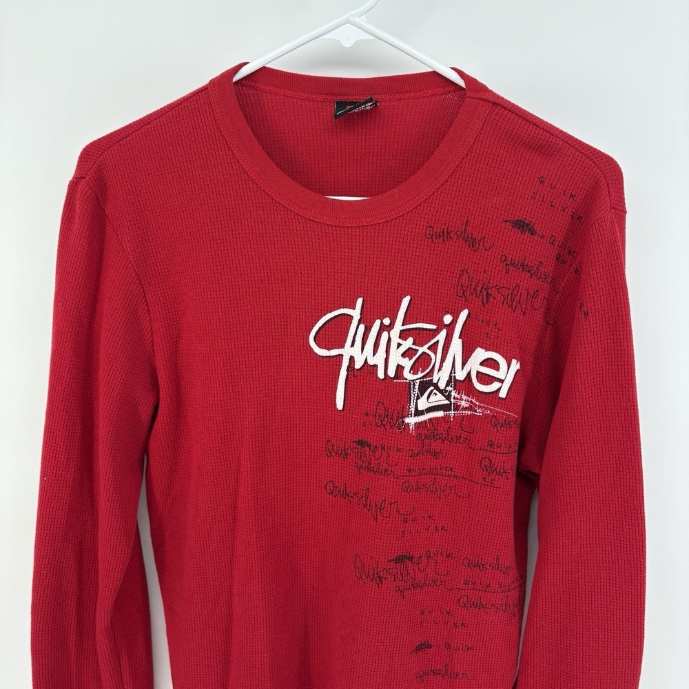 Vintage Quicksilver Thermal Shirt Mens L Red Waffle Knit Spell Out Surf Y2K